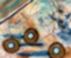 Détail de formes circulaires type orbites - bleus profonds et bruns - encre et oil pastel.