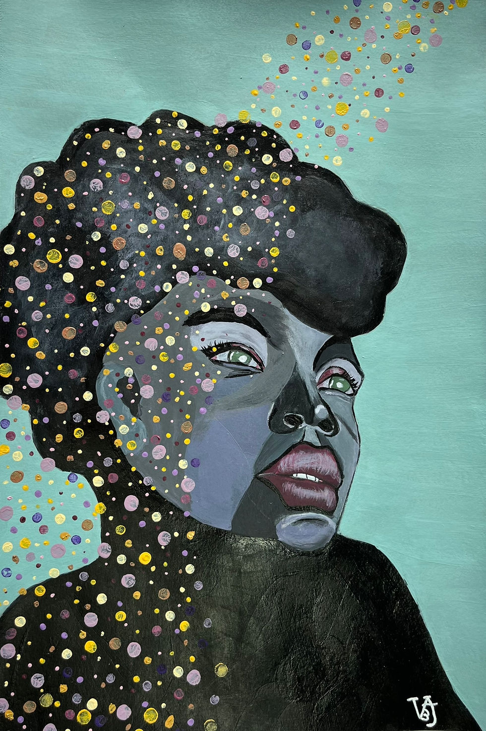 tableau entier d'une femme noire sur fond vert, son visage semble éclairée par la nuit étoilée et elle est songeuse, comme si elle revait à u avenir meilleur !