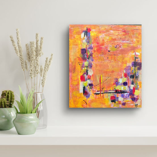 Tableau abstrait lumineux Métamorphose incandescente apportant chaleur et énergie à un intérieur épuré.