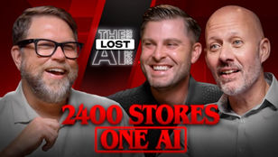 Joel, Mark Gibson, and Chad recording the 2,400 Stores with One AI podcast episode. 