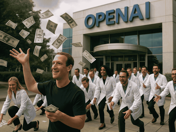 Mark Zuckerberg throwing money in the air as OpenAI employees follow him out the door.
