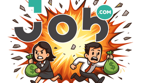 Job.com logo exploding while a man and woman run away with bags of cash. 