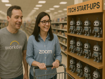 a cartoon of a man with a Workday logo on his shirt and a women, wearing a blouse with a Zoom logo, shopping in a department store, pushing a cart, and looking at shelves filled with little robots labeled Tech Start-Ups.