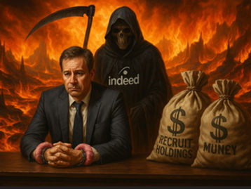 Businessman sitting at a desk with pink velvet handcuffs. Behind him a grim reaper with Indeed on it's chest and bags of money that say Recruit Holdings in a firey hellscape.