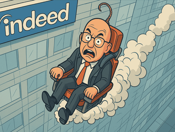A bald man with glasses sitting in a chair that has been ejected out of the Indeed offices.