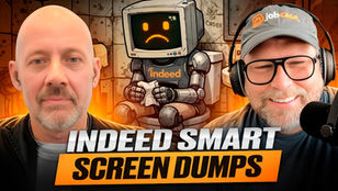 Chad and Joel recording the Indeed Dumps episode of HR's Most Dangerous Podcast with a sad robot sitting on a toilet between them. 