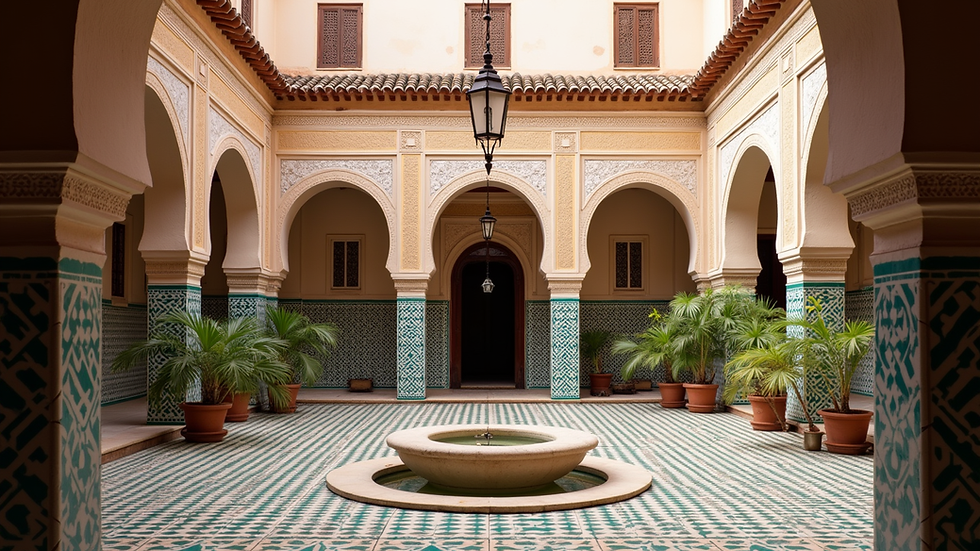 Eye-level view of a traditional Moroccan riad courtyard with colorful tiles