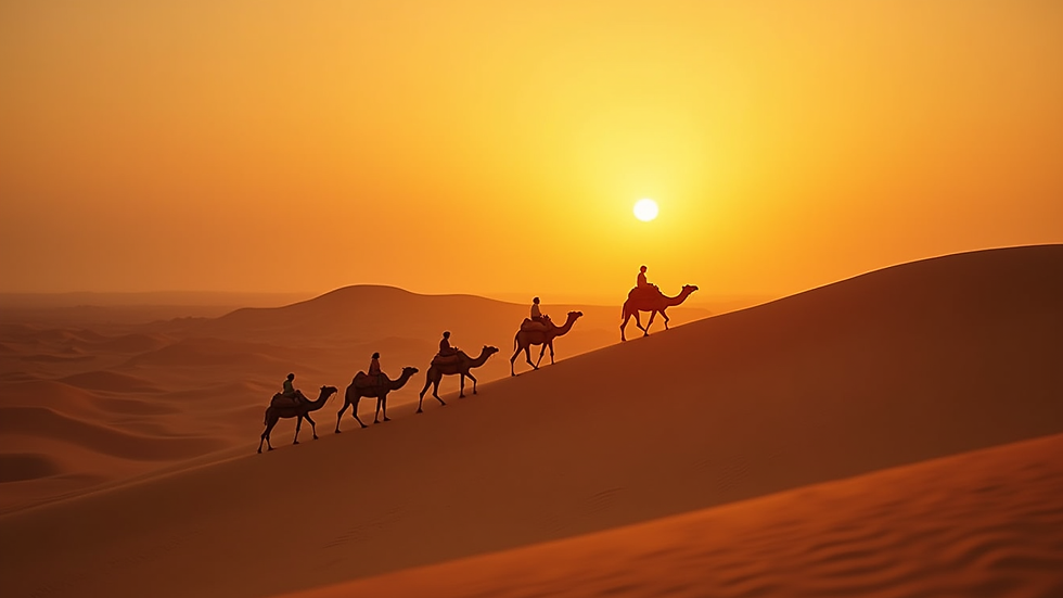 High angle view of a desert sunset with camels walking along the dunes