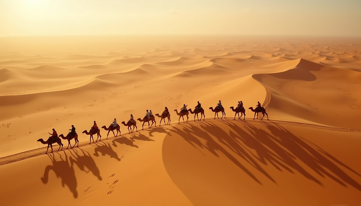 High angle view of camel caravan crossing sand dunes near Merzouga