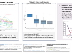 Summary figure linking a 2024 home-based pilot and a 2026 randomized trial, both showing large MADRS reductions with multielectrode tDCS.