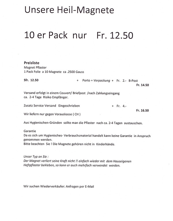 Preisliste Heil-Magnete