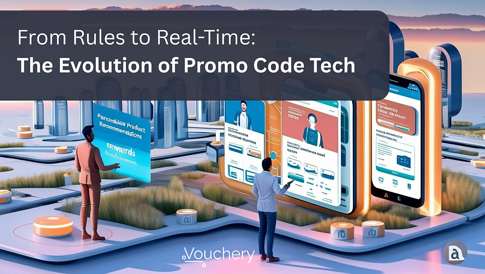 Two people interact with large futuristic screens displaying promo code tech in a digital landscape. Text: "From Rules to Real-Time."