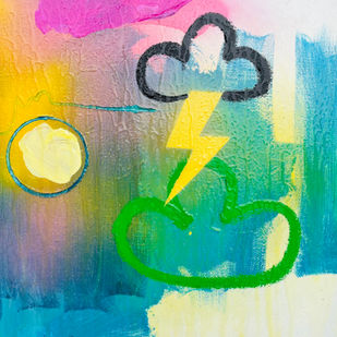 Bold, colourful mixed-media pop art painting featuring layered acrylic paint, graffiti-inspired textures, and elements of popular culture.