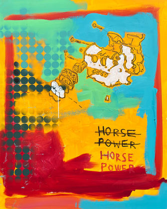 “Original mixed media painting on canvas by British contemporary artist Dan Taylor, combining pop culture imagery, graffiti textures and expressive colour.”