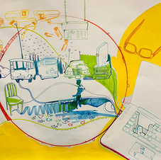 Detailed colored pencil drawing on paper, showcasing a mix of topical themes influenced by everyday media, such as magazines, TV, and music.