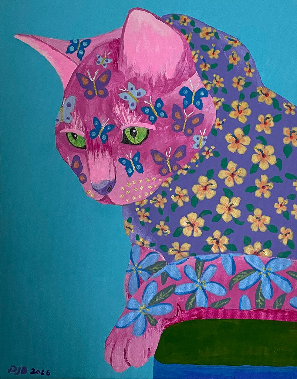 Pink, purple, floral, calico, pet, cat, kitten,