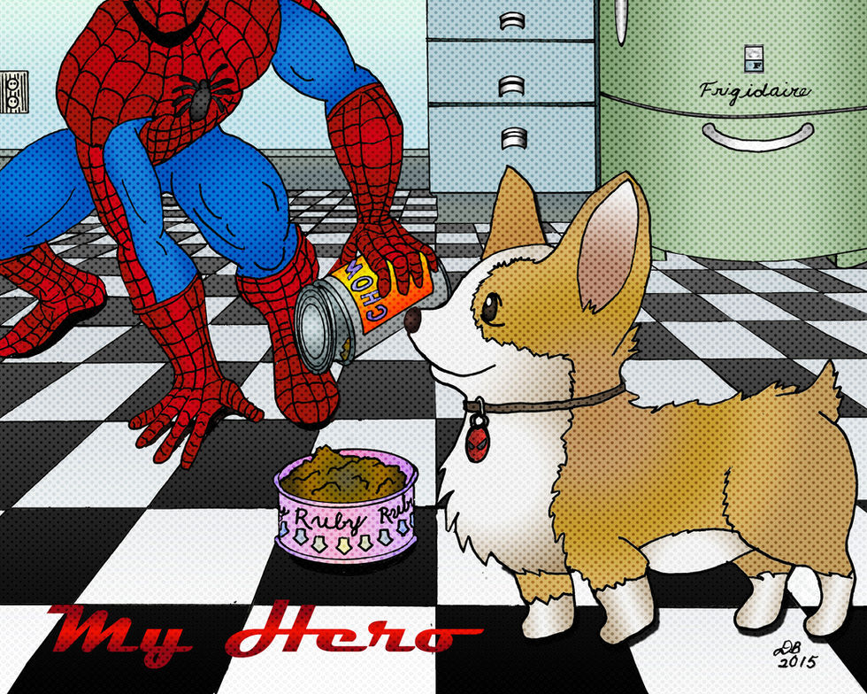 hero, spidery, corgi, dog, dog food, cartoon, comic, comic book, movies, dog, retro red, blue, green