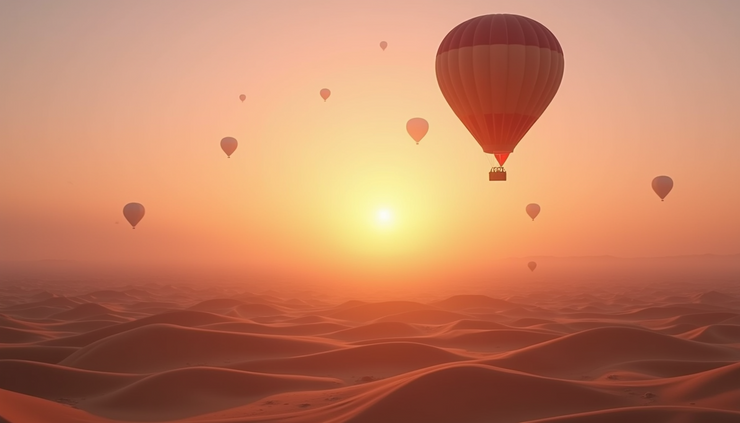 High angle view of a hot air balloon floating over the pink and golden Arabian desert at sunrise