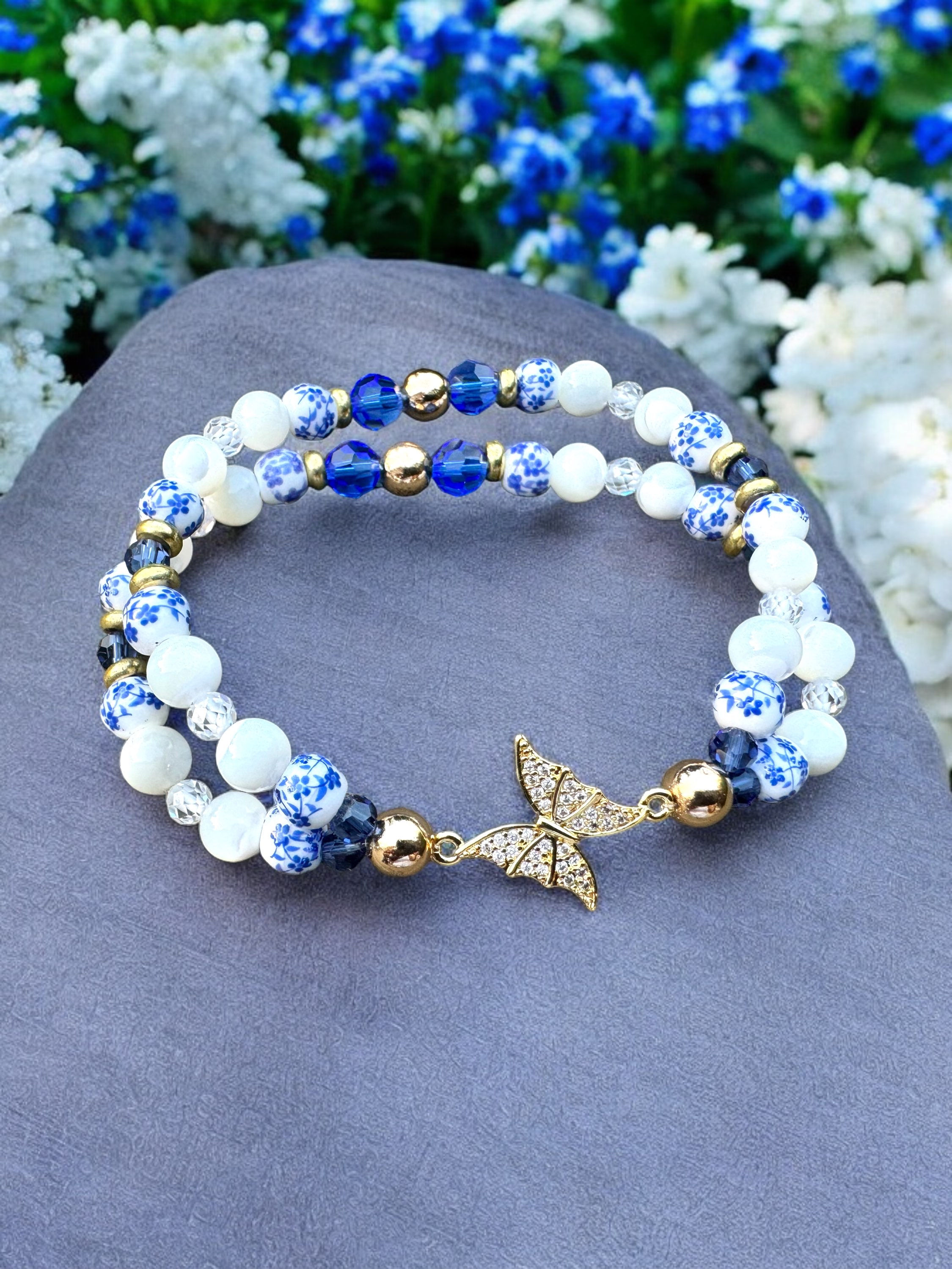 Butterflies & Flowers Mother of Pearl double strand bracelet
