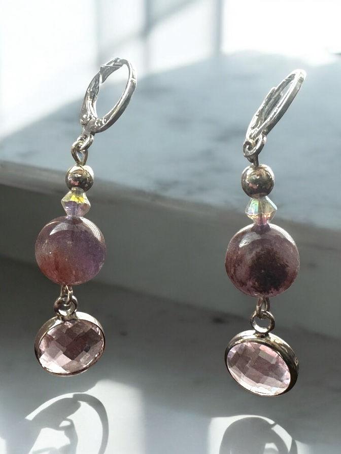 Super Seven Stone with lavender crystal accents & sterling silver hoops