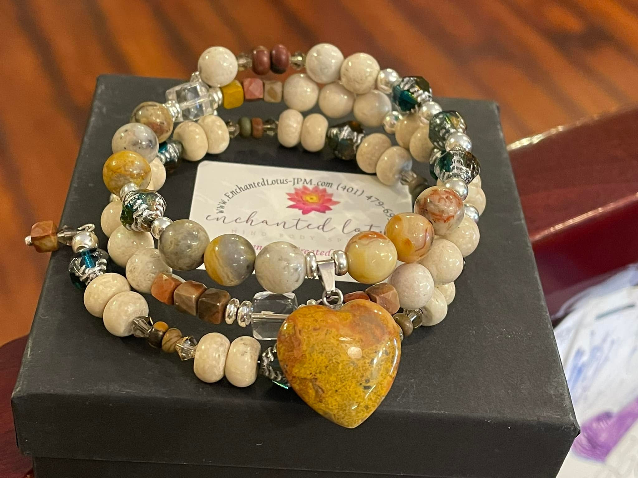 Crazy Lace Agate Heart triple wrap bracelet