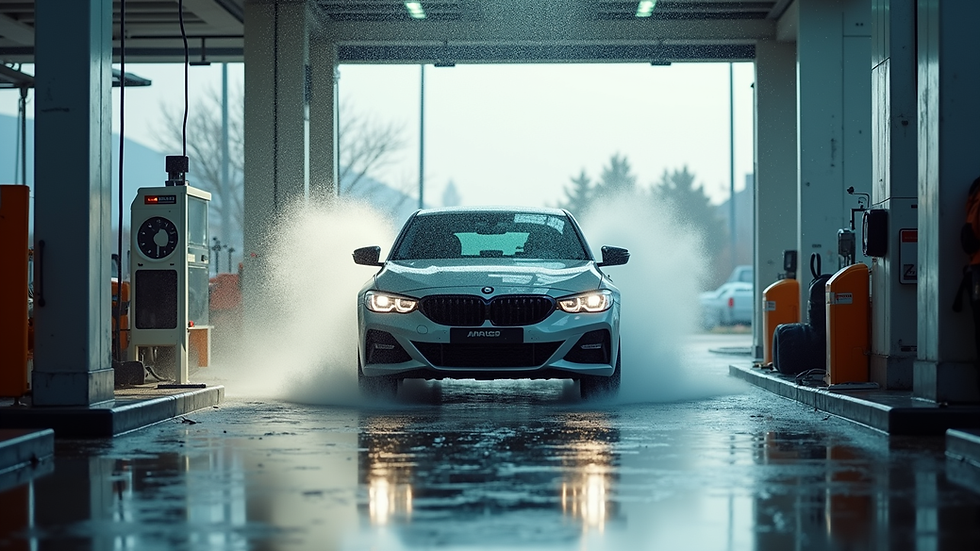 Eye-level view of a clean car being washed at a service station