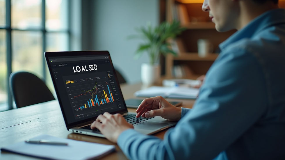 Eye-level view of a person analyzing local SEO data on a laptop