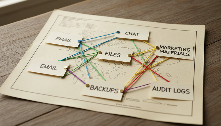 Overhead view of a printed records map with colored strings connecting mail, chat, and file categories