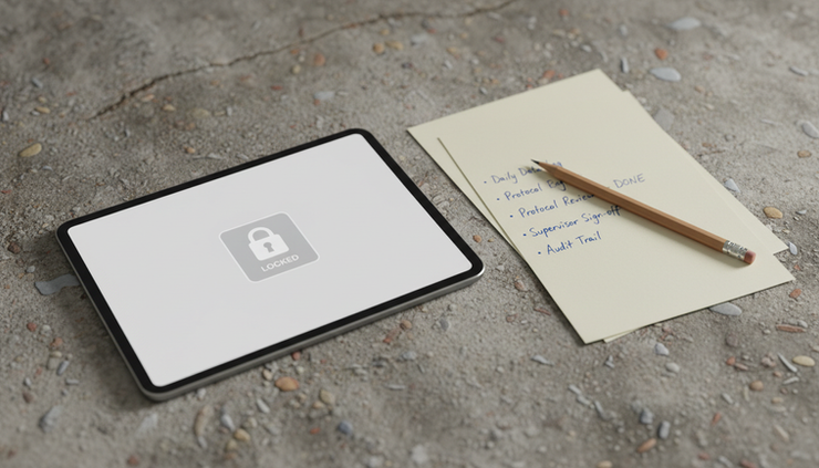 Eye-level view of a tablet showing a simple lock screen beside handwritten compliance notes.
