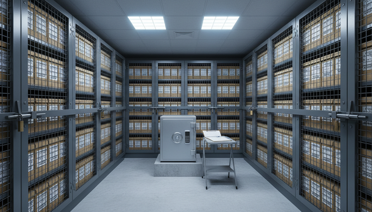 Wide-angle view of a locked records vault with labeled archive boxes on metal shelves