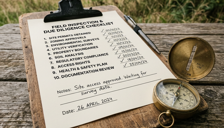Close-up of a paper checklist clipped to a wooden field board beside a brass compass.