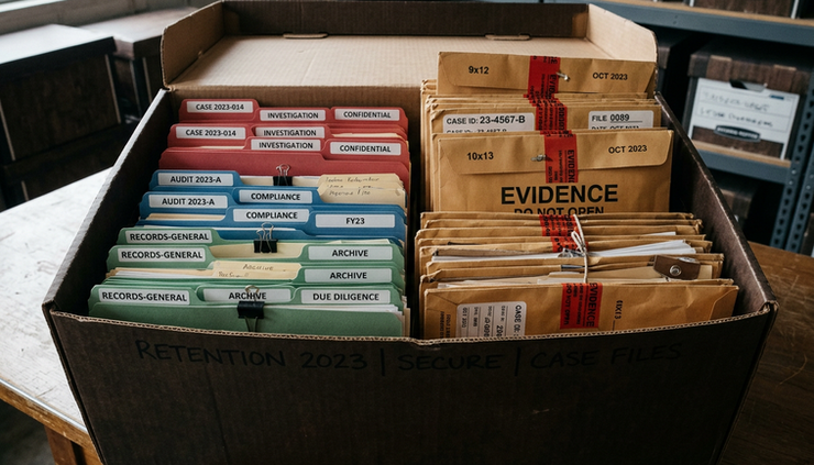 Eye-level view of sealed envelopes and color-coded folders stacked inside a secure evidence box.
