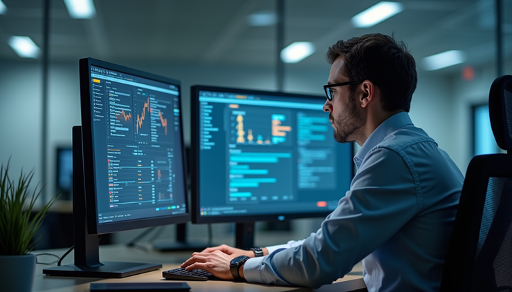 Eye-level view of a compliance officer reviewing AI-generated reports on a computer screen