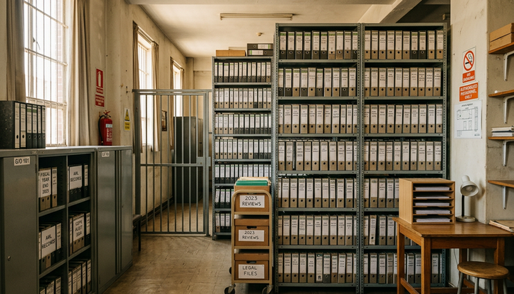 Wide-angle view of a locked archive room with labeled compliance folders in open metal cabinets.