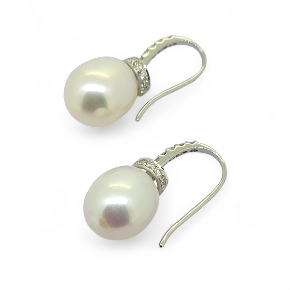 Thumbnail: Freshwater Pearl and Diamond hook earrings D.46
