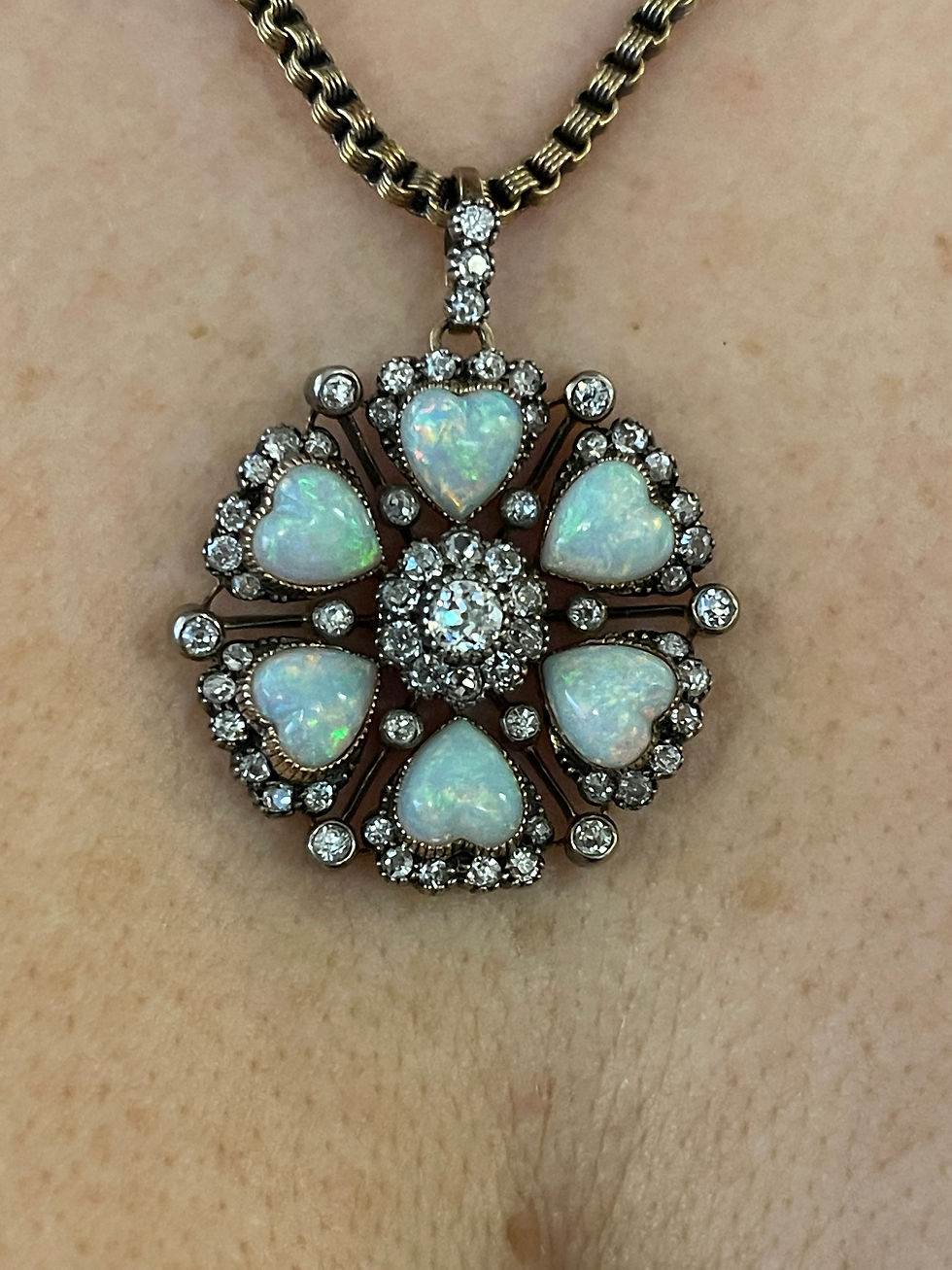 Thumbnail: Antique opal hearts and diamond brooch /pendant.