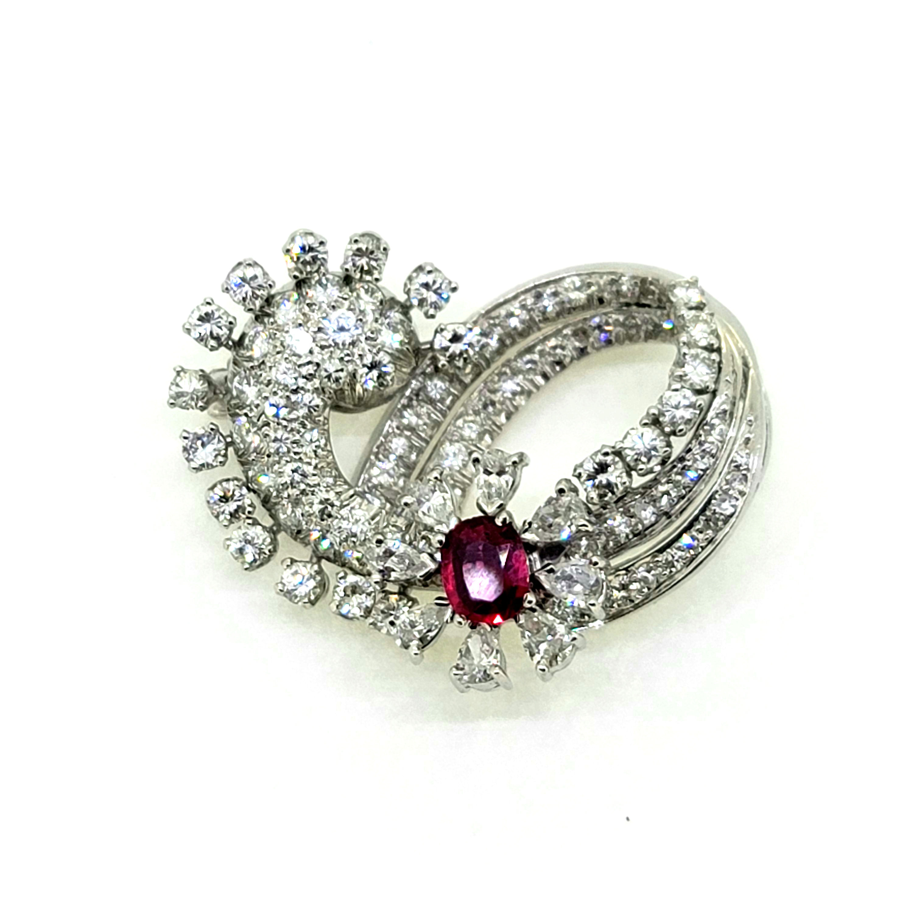 Diamond and Ruby brooch Platinum est.3.0Cts