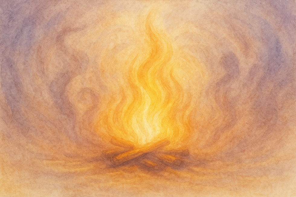 Watercolor of a campfire with orange and yellow flames. The background features swirling, muted purple and blue tones, creating a warm, serene mood.