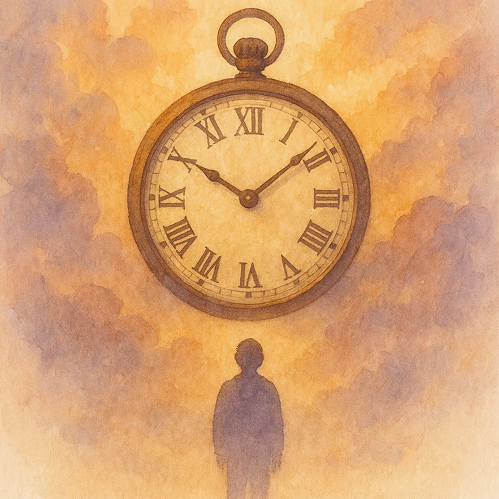 An abstract watercolor of a faint glowing golden clock symbolizing divine timing.