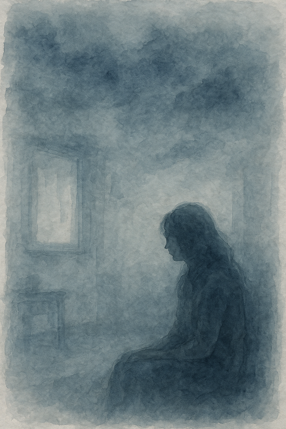 A horizontal watercolor illustration of a woman sitting quietly in a dim room filled with blue-gray mist, symbolizing the spirit of heaviness pressing through atmosphere rather than entering a person.