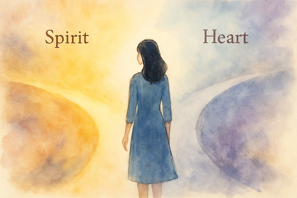 A woman stands at a fork in a path, choosing between "Spirit" (warm hues) and "Heart" (cool hues) in a watercolor scene.