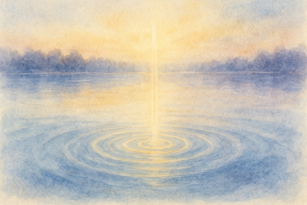 Gentle ripples on a serene lake reflect a soft sunrise in pastel hues of blue and yellow, creating a peaceful atmosphere.