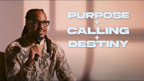 YouTube thumbnail of a preacher speaking on stage with the words ‘Purpose + Calling + Destiny’ displayed over a warm spotlight background.