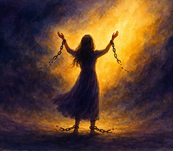 A dramatic watercolor image of a woman lifting her hands toward radiant light, depicting spiritual freedom and chains breaking in God’s power.