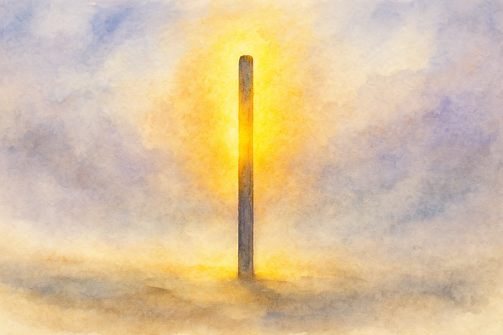 A tall pole stands illuminated by a bright, warm glow against a soft, cloudy background with blue and yellow hues, creating an ethereal mood.