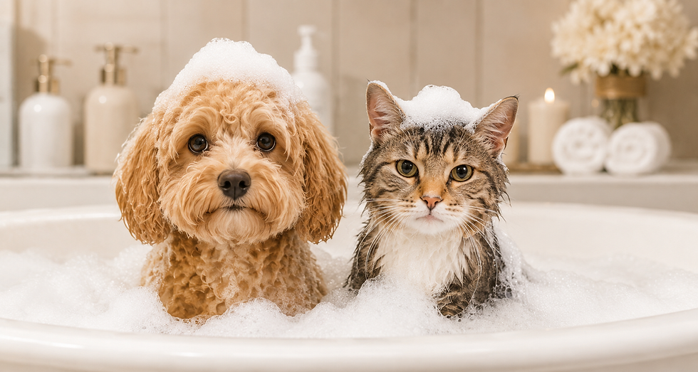 Small dog and cat with soap suds for mobile dog grooming