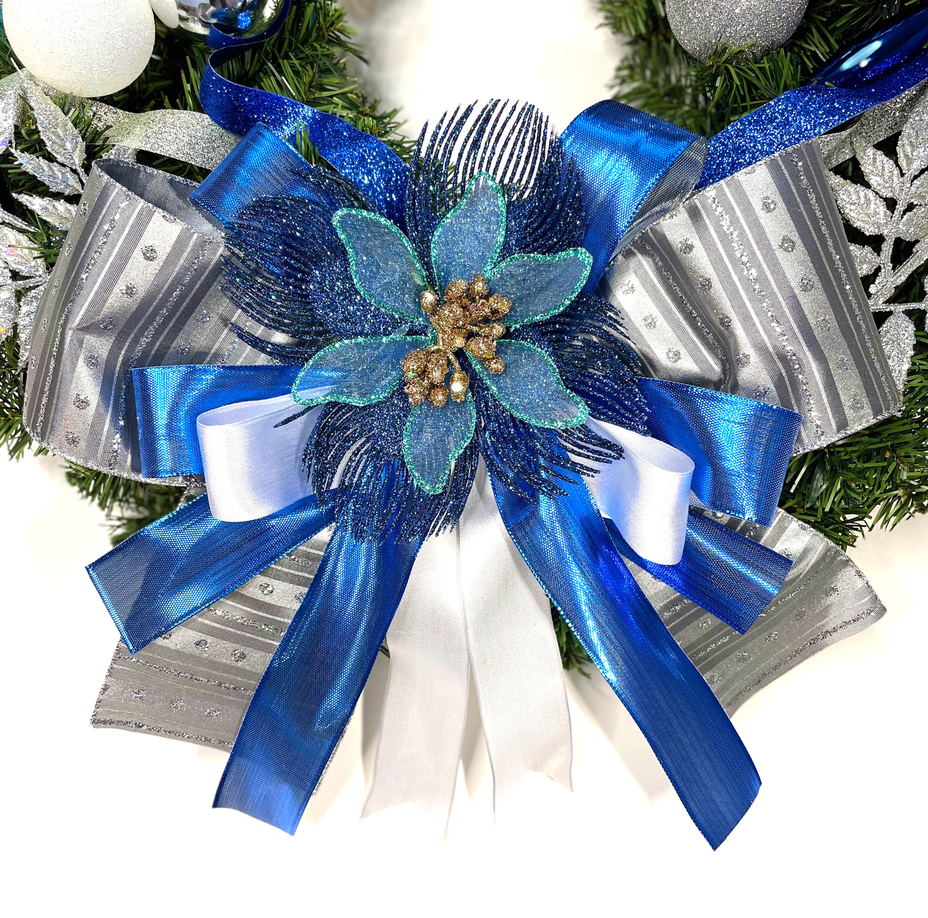 Blue, Silver and White Embellished Tree Bow
