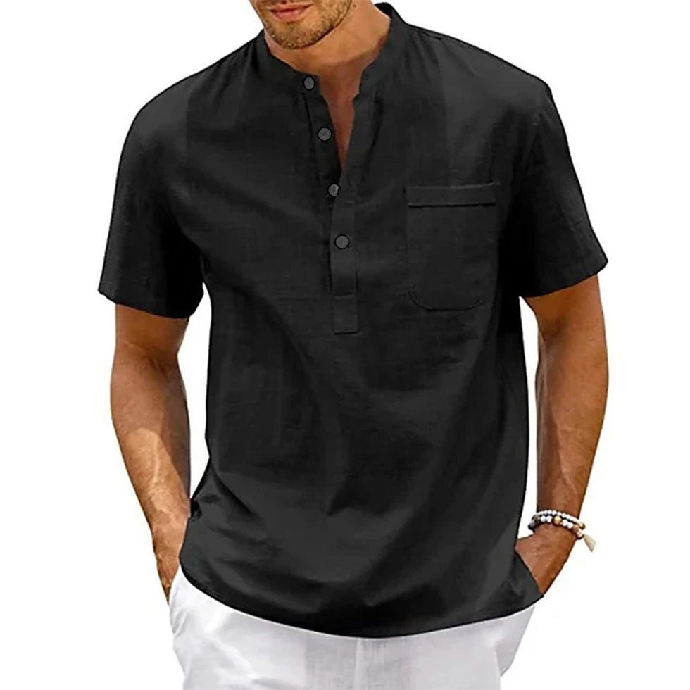 Thumbnail: Cotton Linen Shirt Men Henley Neck Pocket Casual Beach Short Sleeve Solid Color 