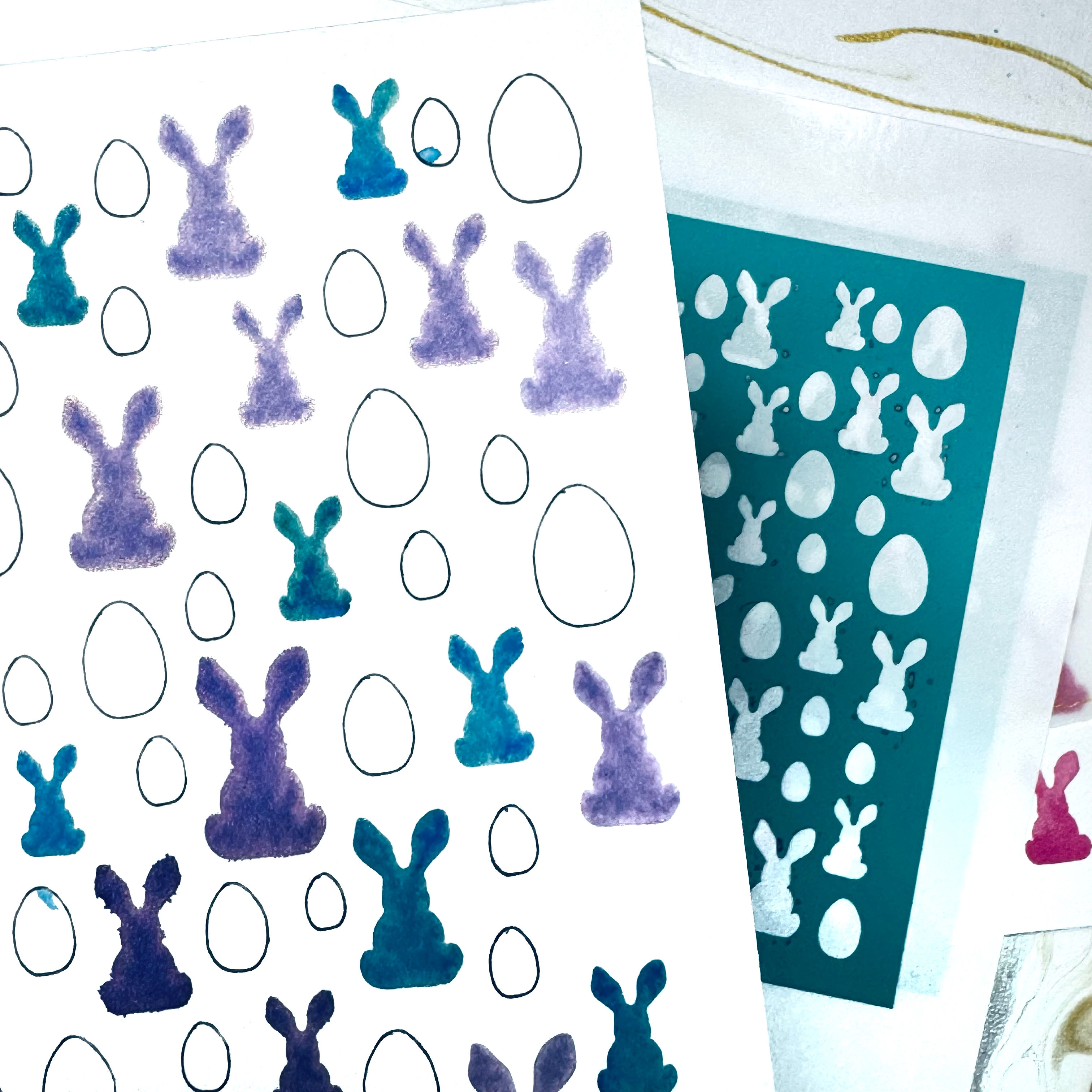Simple colorful stencil background rabbits & eggs mix