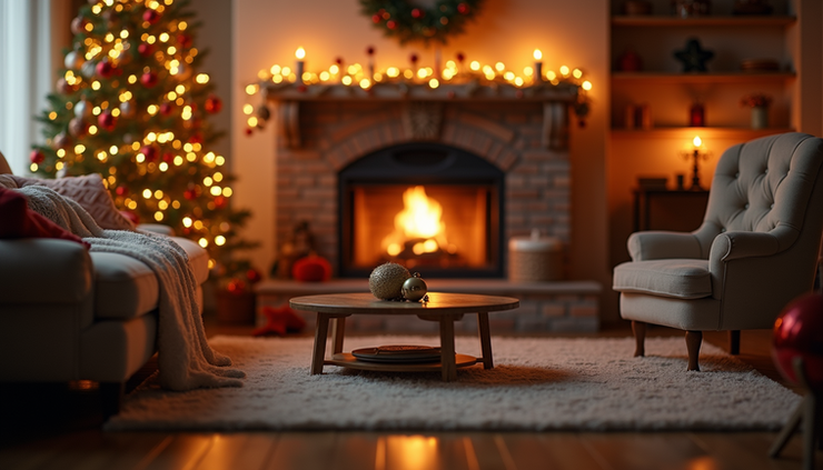 Eye-level view of a warmly decorated living room with a fireplace and holiday decorations